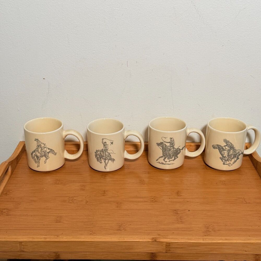 Vintage Cowboy Rodeo Coffee Mugs Set of 4 Western Horse Made in Taiwan